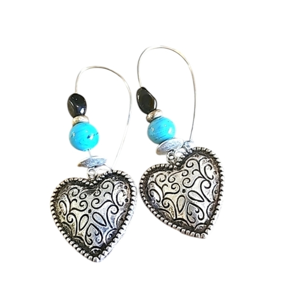 Silver Dangle Etched Heart Earrings, Black and Turquoise - Picture 1 of 3